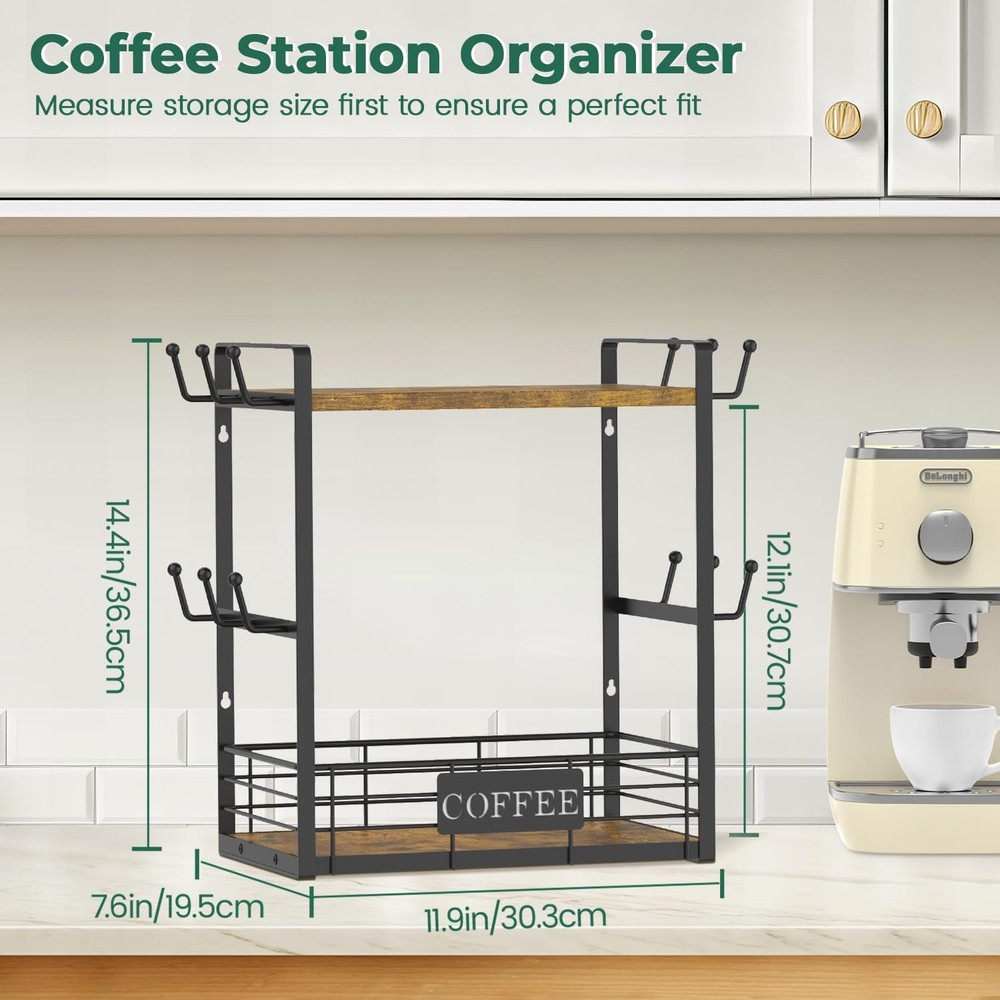 Coffee Mug Cup Holder Tree Bar Station Organizer, 2 Tier Mug Stand Rack for C...