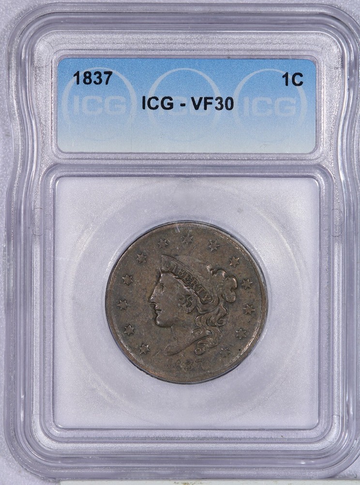 1837 CORONET HEAD LARGE CENT 1C ICG VF30