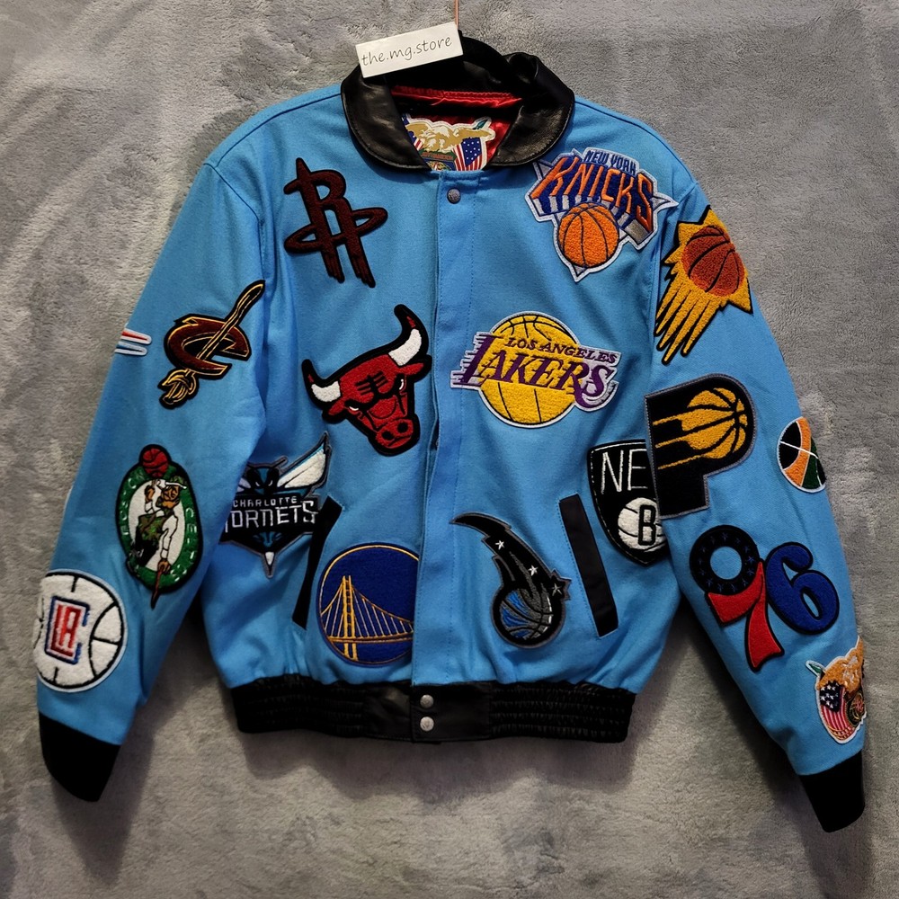 Jeff Hamilton NBA Collage Wool & Leather Blue Jacket Men's Sz Medium Signed