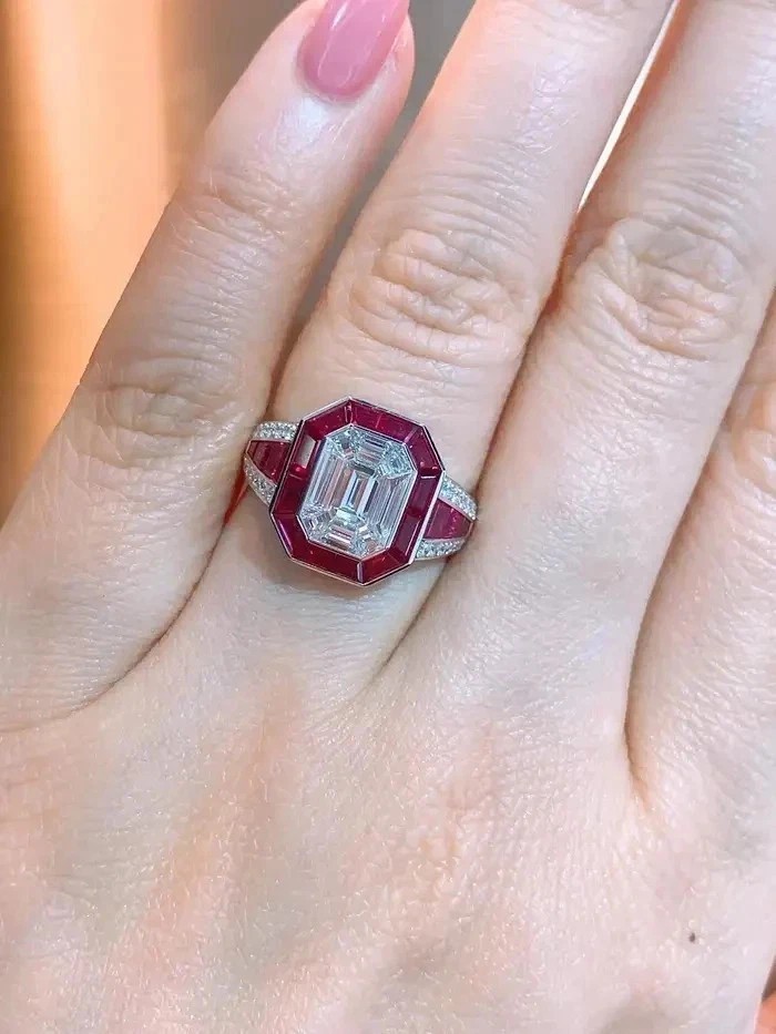 Art Deco Style Lab Created Diamond & Ruby 14K White Gold Finish Engagement Ring