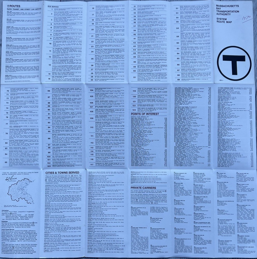Massachusetts Bay Transportation Authority System Route Map - 1967
