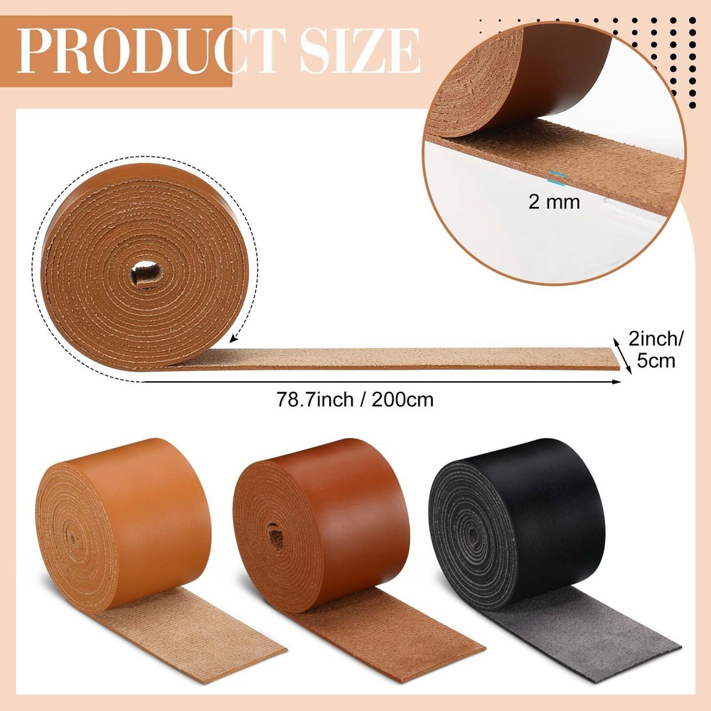 3 Rolls Leather Strap Leather Belt Strips Flat Leather Straps Single Sided Fa...