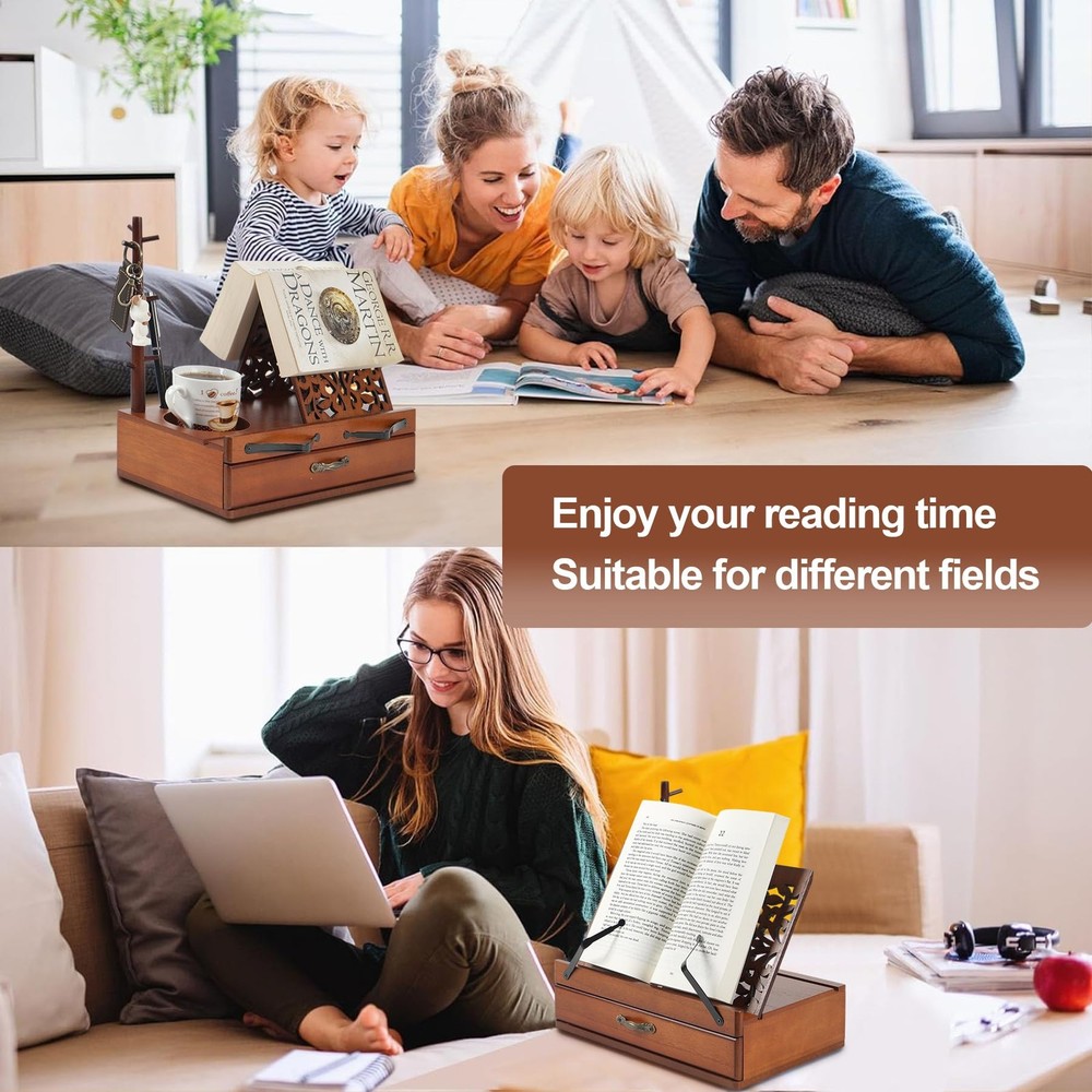 Adjustable Wooden Book Stand with Storage - Multi-Function Hands Free Book Ho...