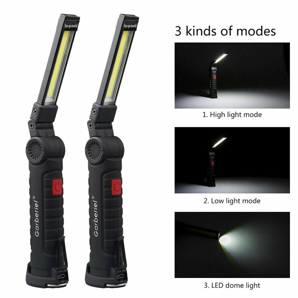 2PC USB Rechargeable COB LED Work Light Lamp Inspection Folding Torch Flashlight