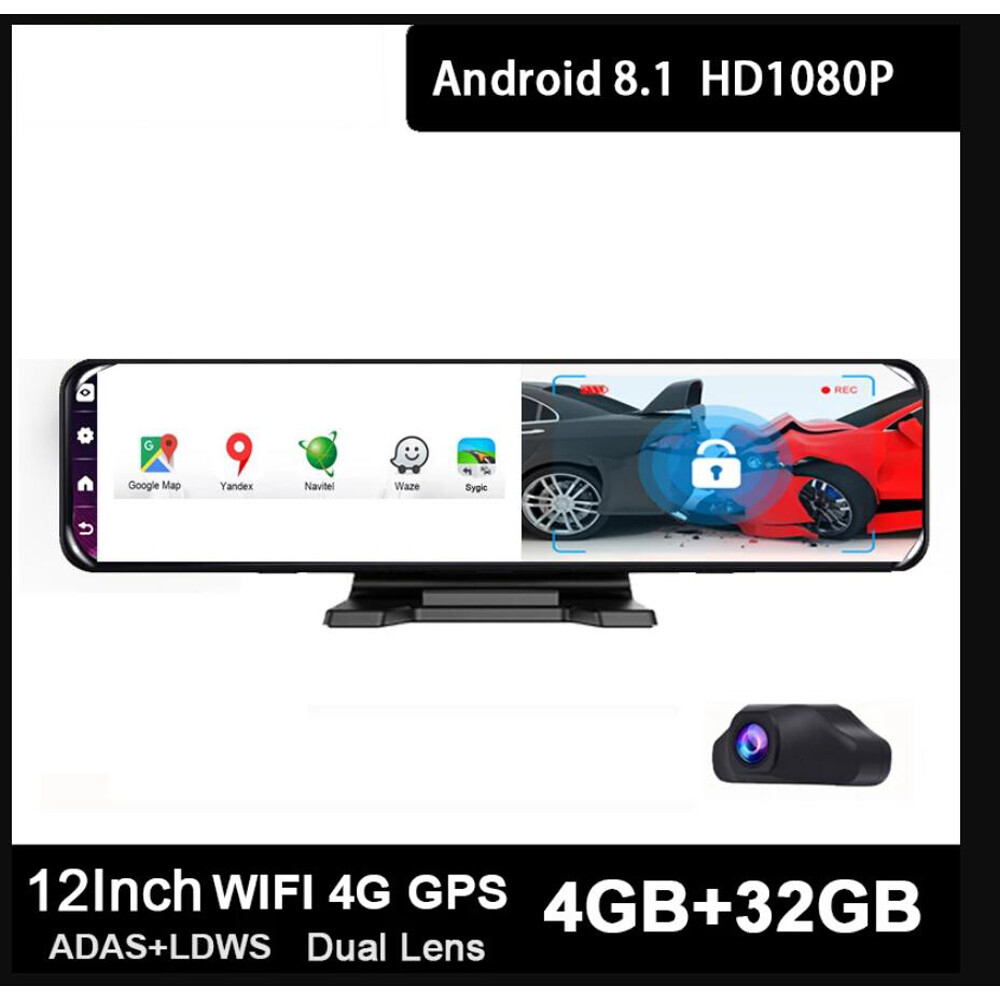 4GB+32GB ROM Car DVR 12" Android 8.1 Rearview Mirror GPS Navigation Dashboad DVR