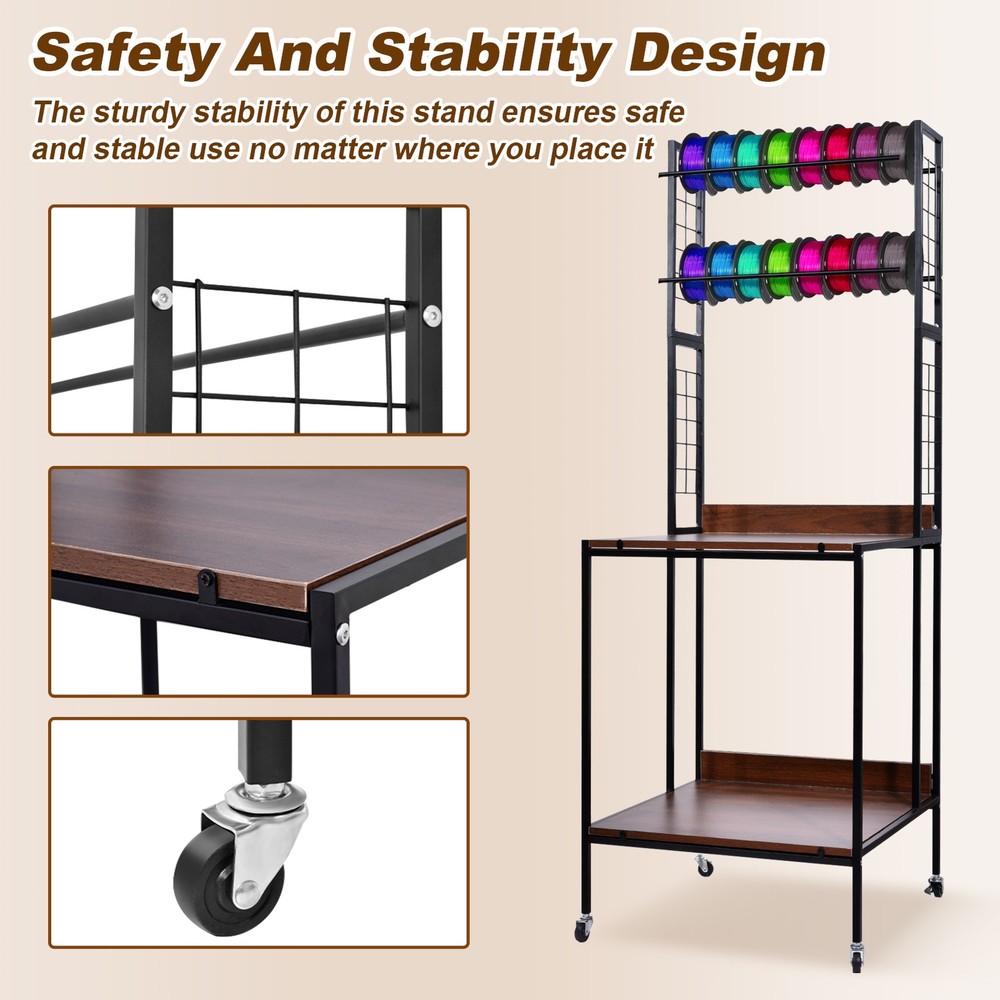 Heavy Duty Mobile 3D Printer Stand w/ Double Layer Filament Storage Rack+Wheels-