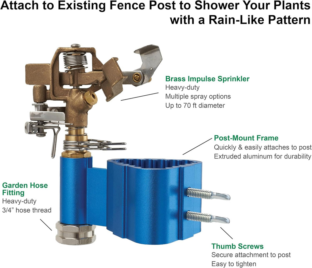 Post-Mount Sprinkler with Brass Impulse Head – Adjustable Watering Patterns, Cov