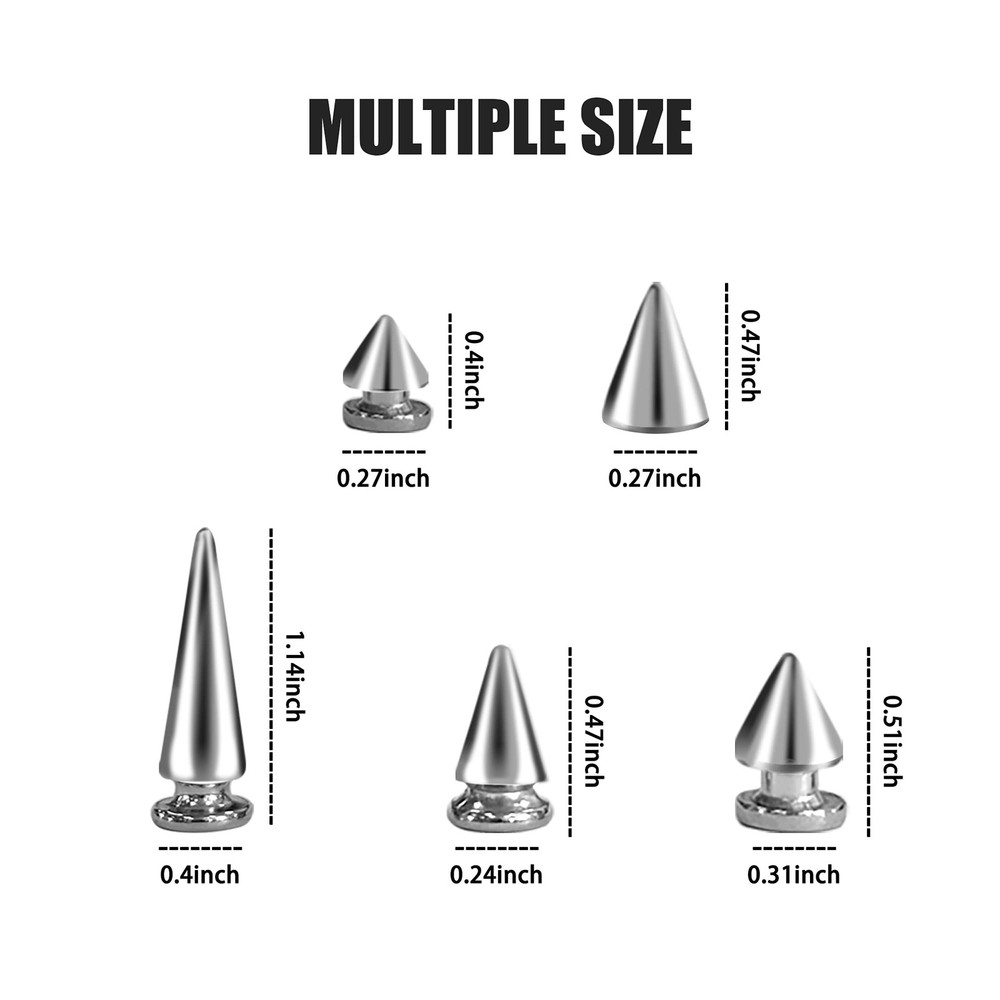 150 Sets ABS Plastic Punk Cone Spikes Studs Multiple Sizes Silver Screw Back Spi