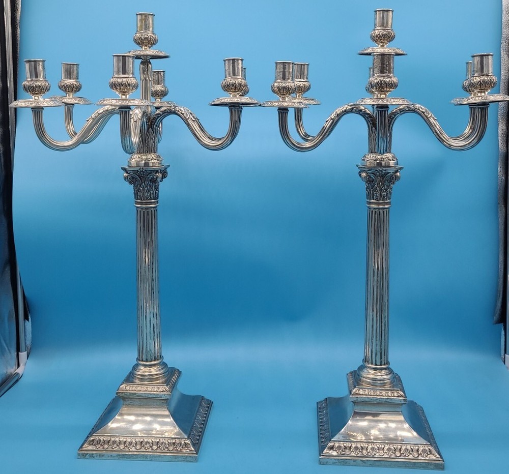 PAIROF GERMAN SILVER SEVEN LIGHT CANDELABRA CORINTHIAN COLUMN