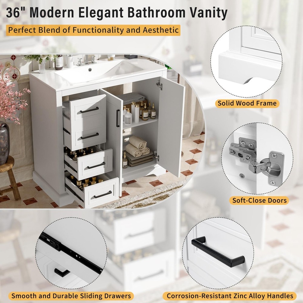 Refined 36" Vanity for Medium Bathrooms – Solid Wood Frame, Ample Storage &