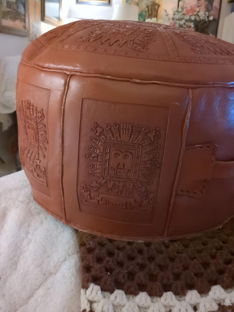Carved Leather Peruvian Embossed Ottoman Large 10x20"" Incan Peruvian Pattern