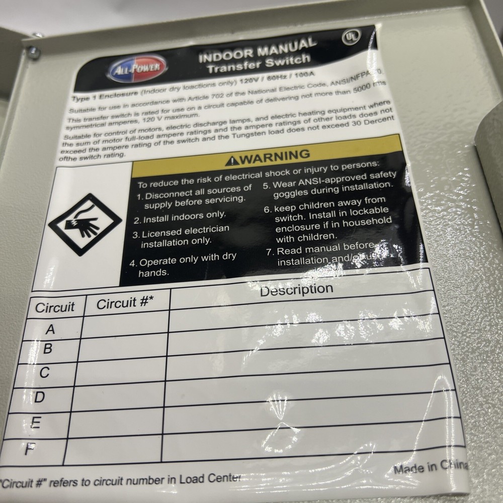 All-Power Indoor Manual Transfer Switch - 6 Circuits