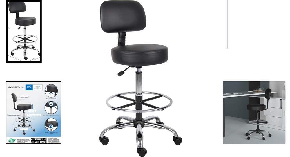 Durable Black Vinyl Drafting Stool with Adjustable Height & Plush Back Support
