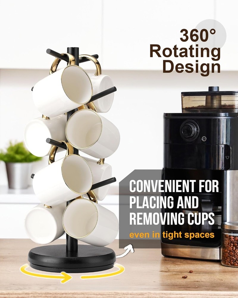 Coffee Mug Tree, 360° Rotated Mug Holder with 8 Hooks, Wooden Coffee