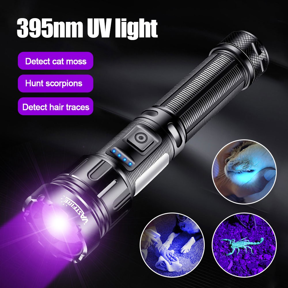 395nm White + UV LED Flashlight Zoom Work Light USB Rechargeable Torch
