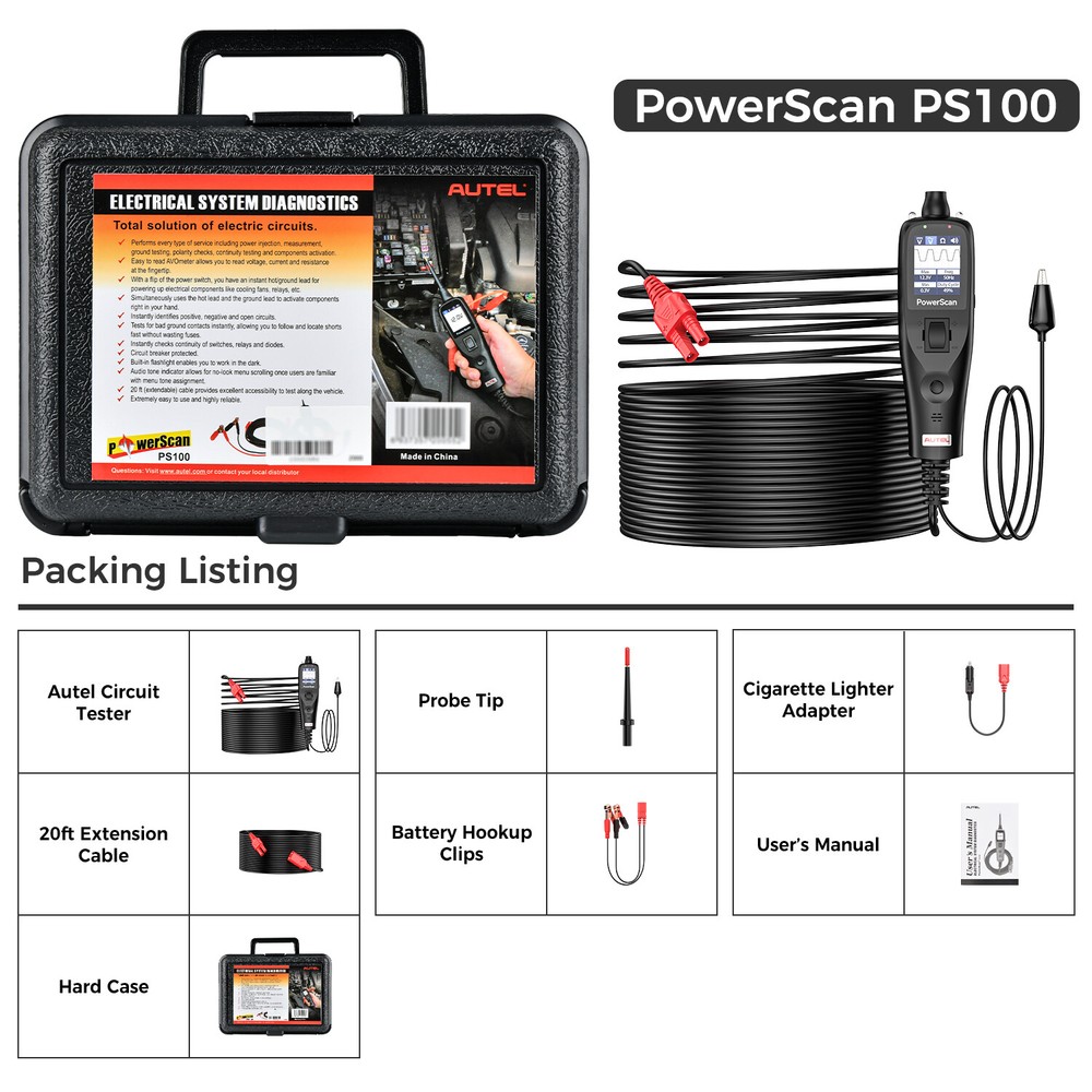 Autel PS100 PowerScan Circuit Tester Electrical Power Probe Tool 12V/24V Black