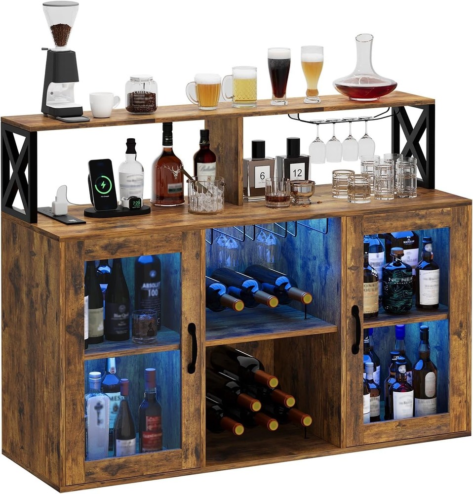 Home Bar Unit, 4-Tier L-Shaped Bar Table with Stemware Racks for Kitchen/Pub