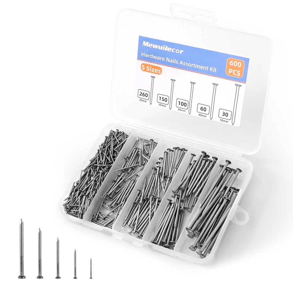 5 Sizes Hardware Nails Assortment Kit, Flat for Picture Wall Silver