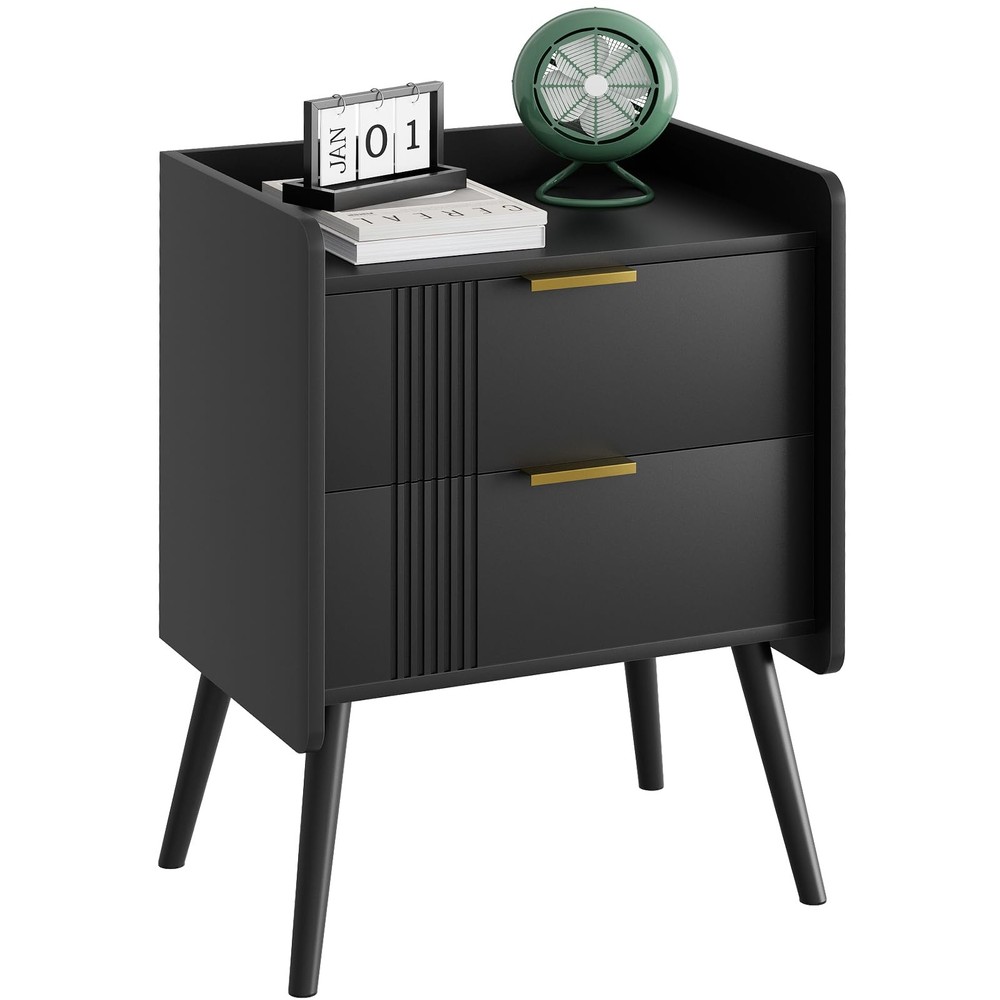 Black Nightstand Modern Bedside Table with 2 Storage Drawer, Small Night Stan...