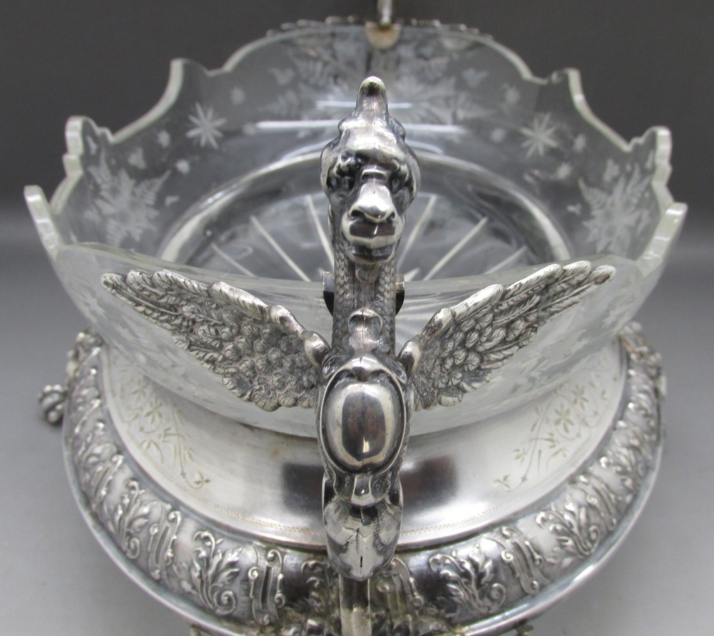 ANTIQUE LARGE SOLID SILVER & ETCHED GLASS TABLE CENTER PIECE 30CM 830g c1880
