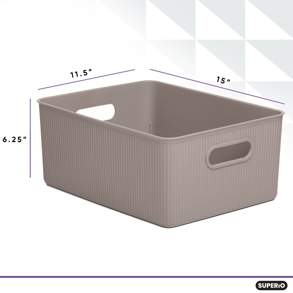 15L Medium Ribbed Storage Bin, Decorative Plastic Storage Baskets, 6 Pack, Taupe