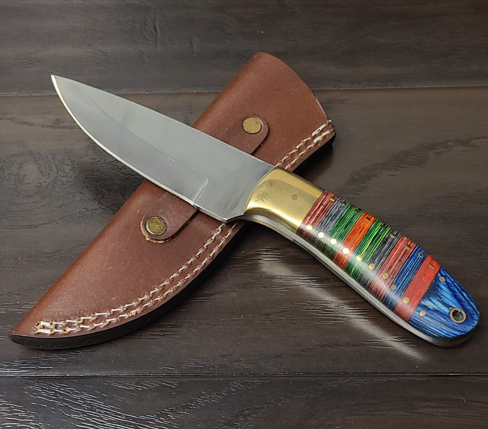 Pakistani Multi-Colored Handle Fixed Blade Knife 4.75" w/ Leather Sheath