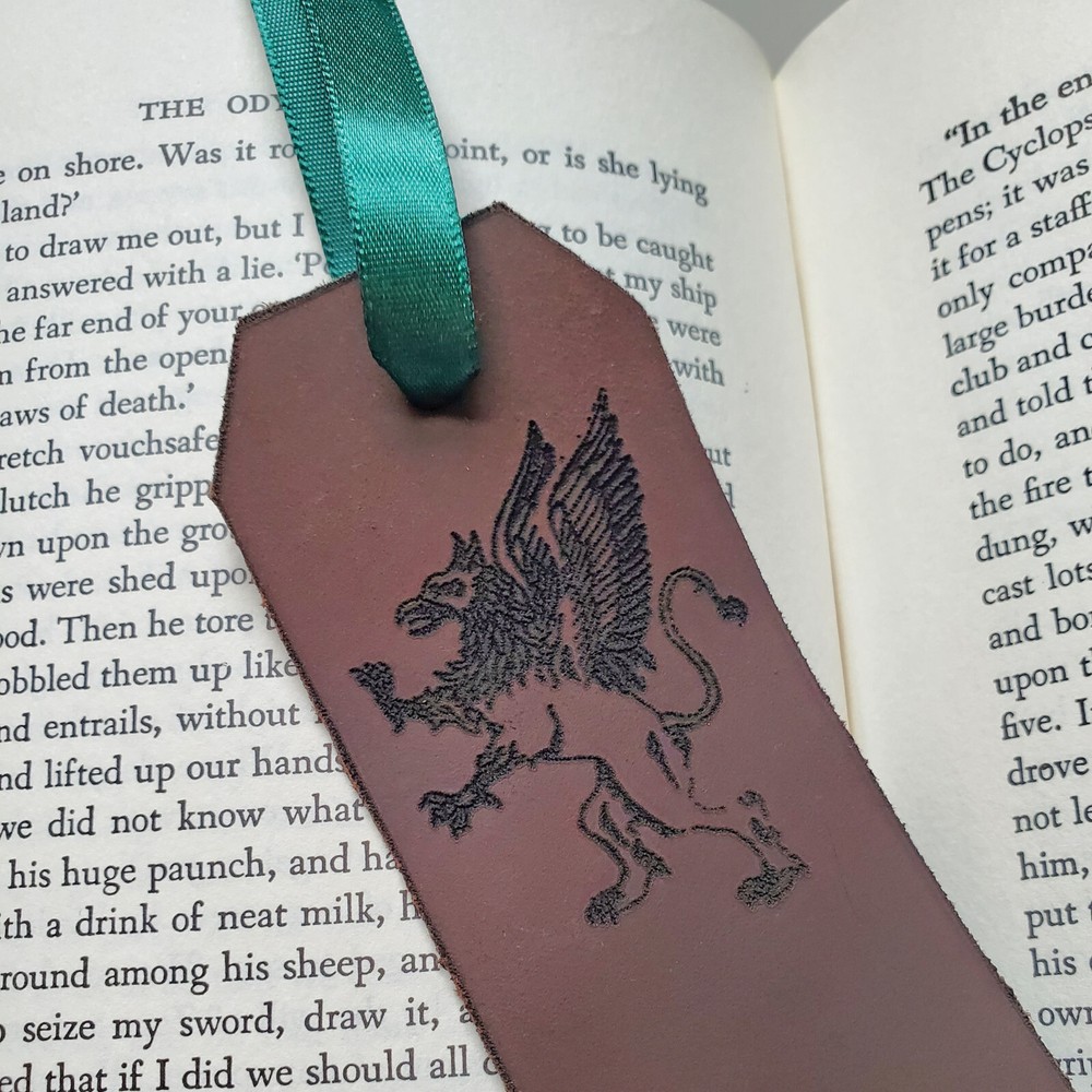 Griffin Design Leather Bookmark, Engraved Personalization, Gryphon Bookmark