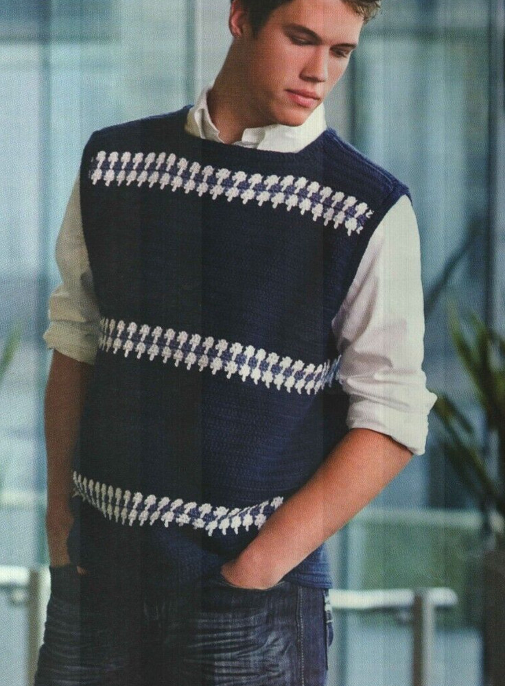 KEY TAB PULLOVER VEST 6 SIZES MEN'S CROCHET PATTERN INSTRUCTIONS