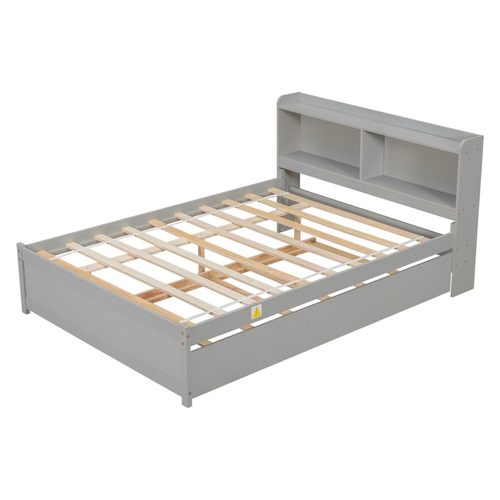 Full Size Wood Platform Bed Frame with Trundle & Storage Headboard Gray/Espresso