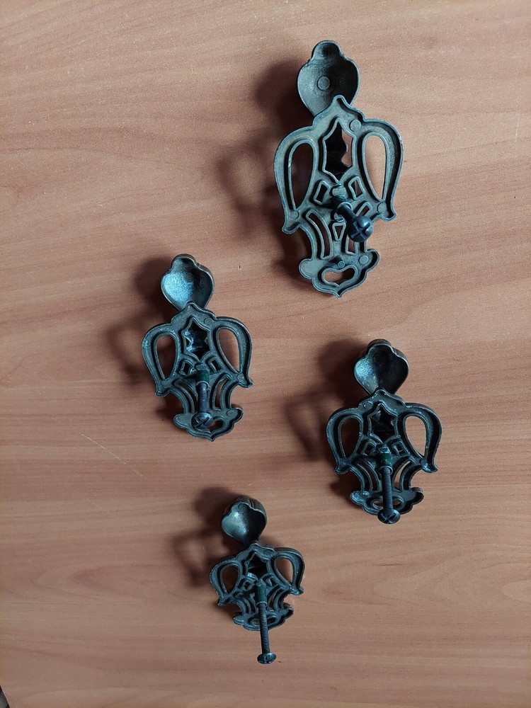 4 VINTAGE CAST METAL DROP HANDLE DRAWER PULLS WITH HARDWARE