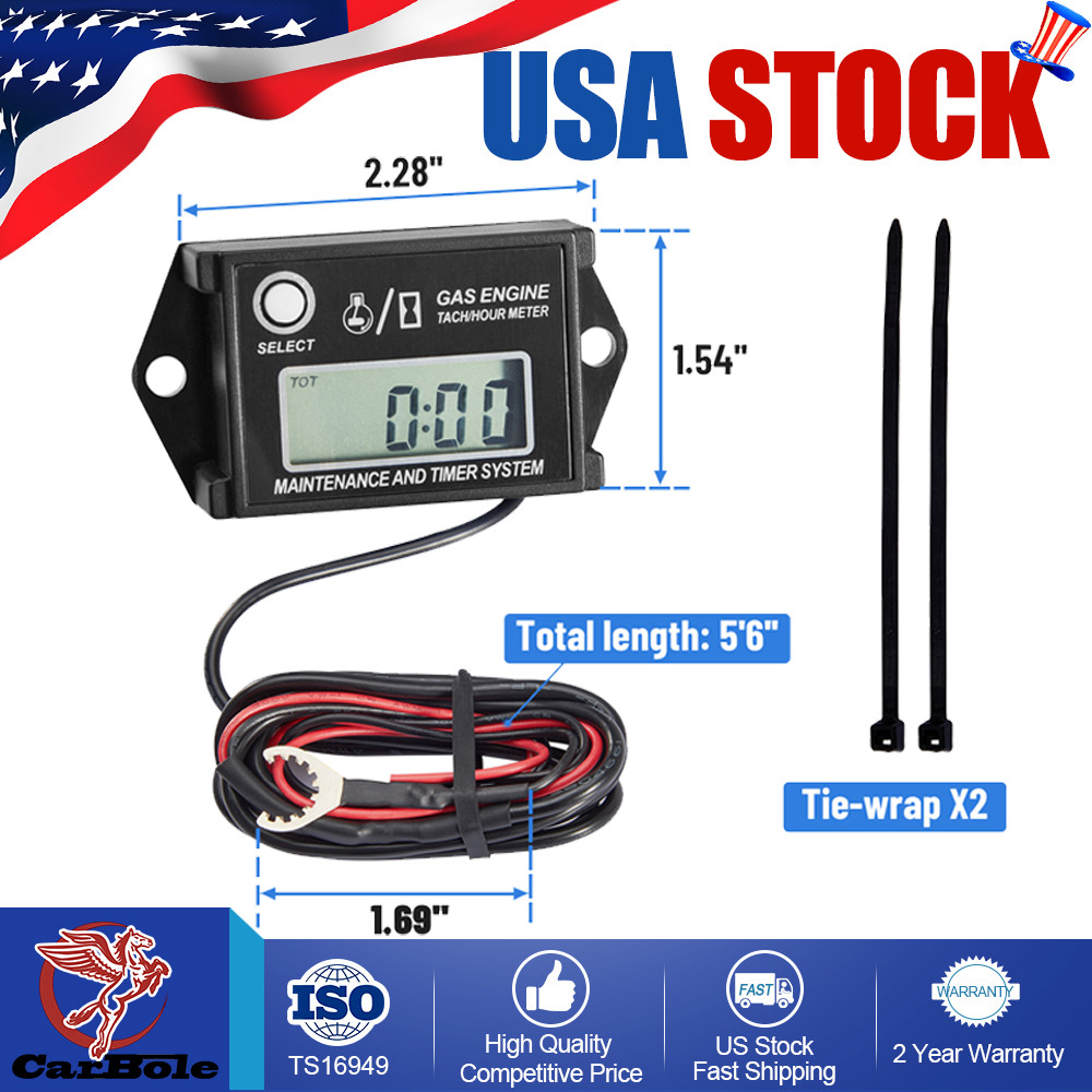 Waterproof Digital Tiny Tach Meter Small Engine Tachometer Hour Meter Inductive