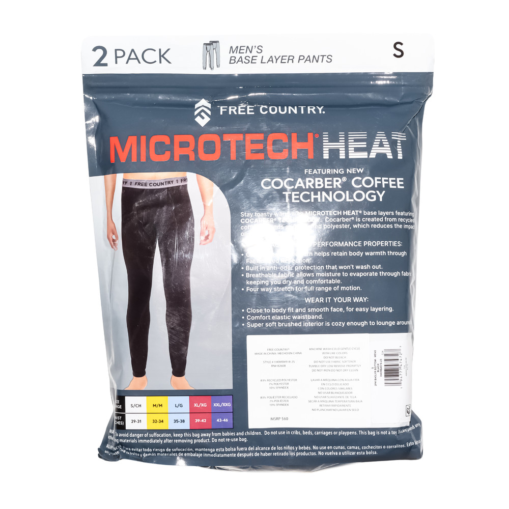 2 Pack Men's Base Layer Pants Black Microtech Heat Free Country Size Small