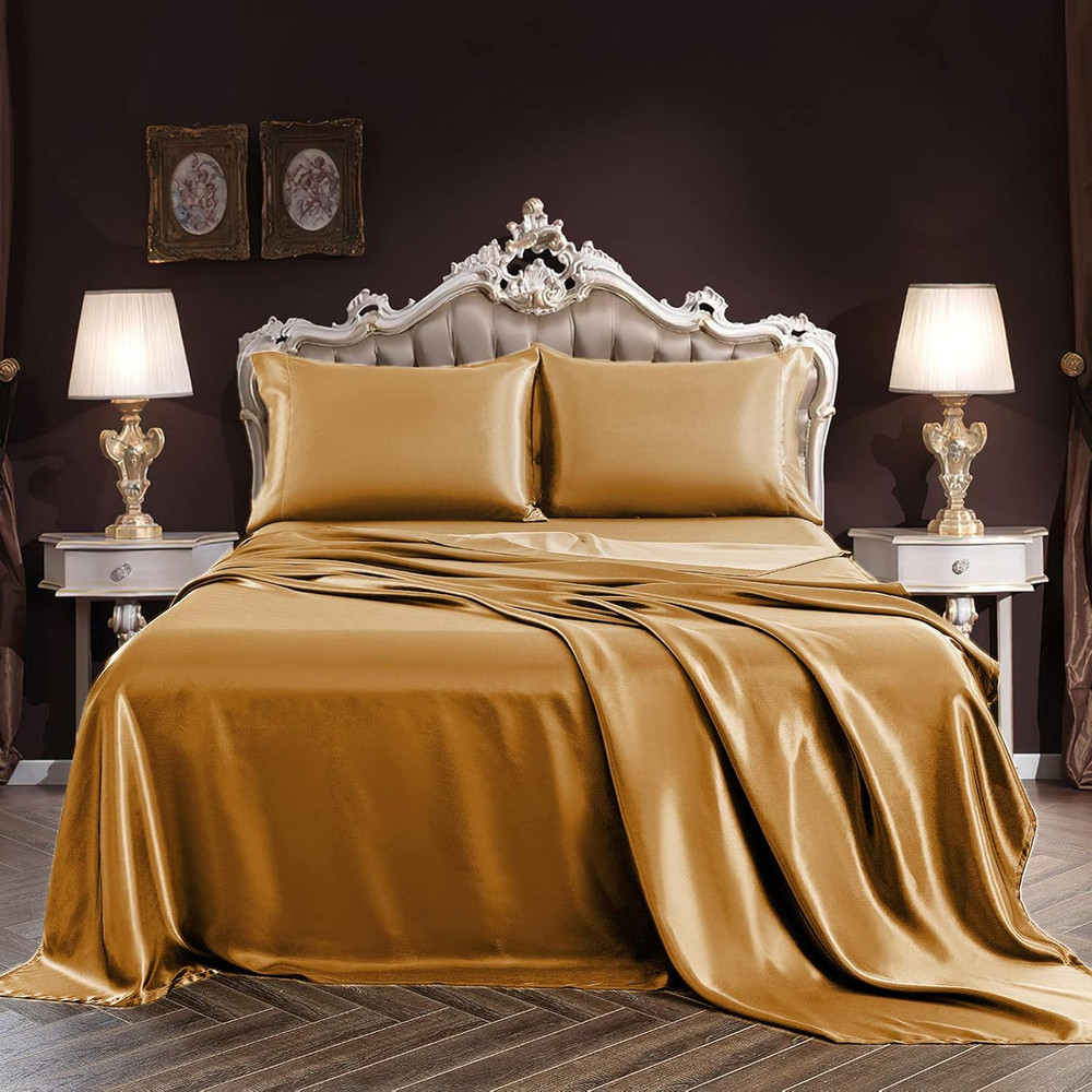 Queen Satin Sheet Set Gold 4PCS Silky Soft Deep Pocket Bedding