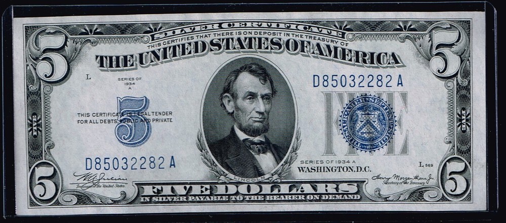 $5 1934A Silver Certificate. TOUGH DA BLOCK MULE. GEM Uncirculated