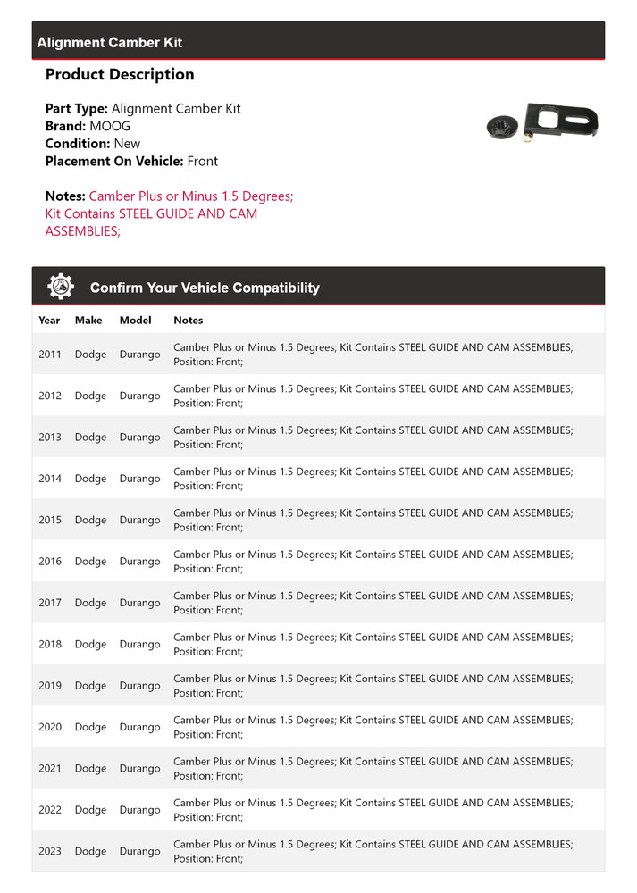 For 2011-2023 Dodge Durango Alignment Camber Kit Front MOOG 2011 2012 2013 2014