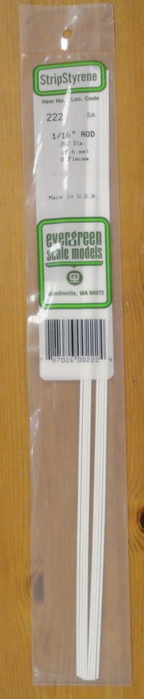 Evergreen Scale Models #222 1/16 Polystyrene Rods (8pcs)