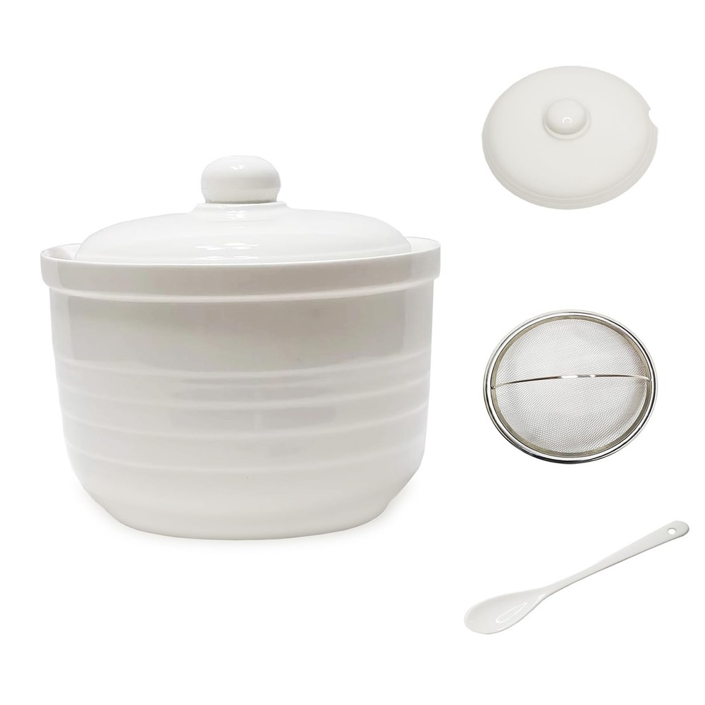 MaoYaMao Ceramic Bacon Grease Container with Stainless Steel Medium, White