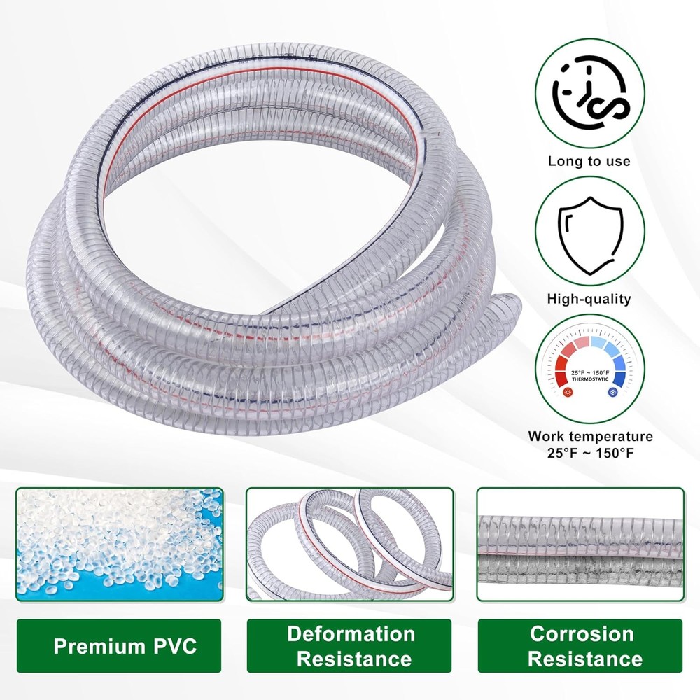 3.3FT 1" ID x 1.25" OD Steel Wire Suction Hose PVC Reinforced Tubing High Pre...