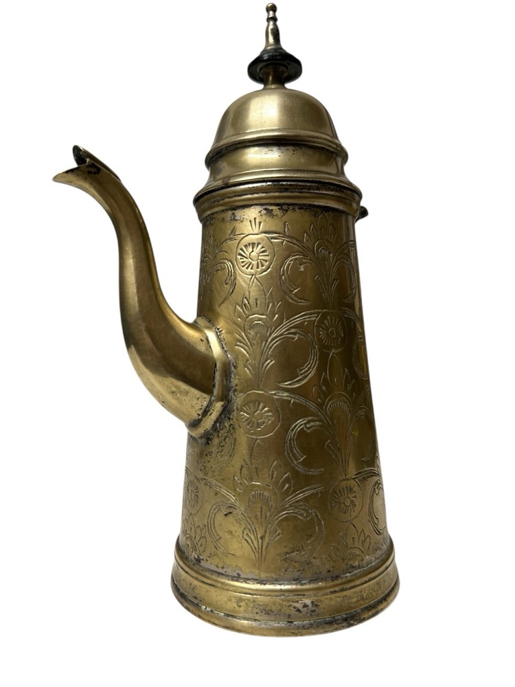 vintage Middle Eastern brass Dallah coffee pot with a long black handle