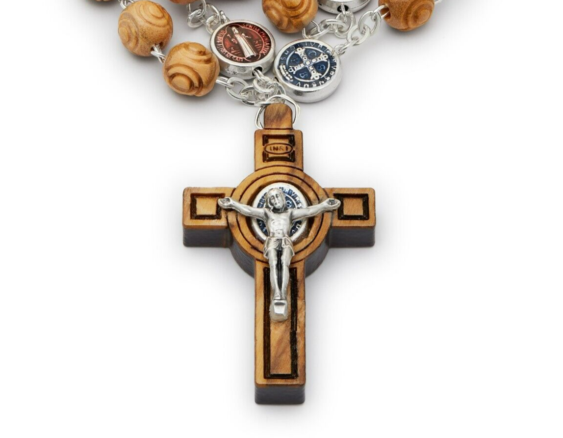 Rosary Beads Catholic Olive Wood Medal St Benedict Cross Blessed By Pope Vatican