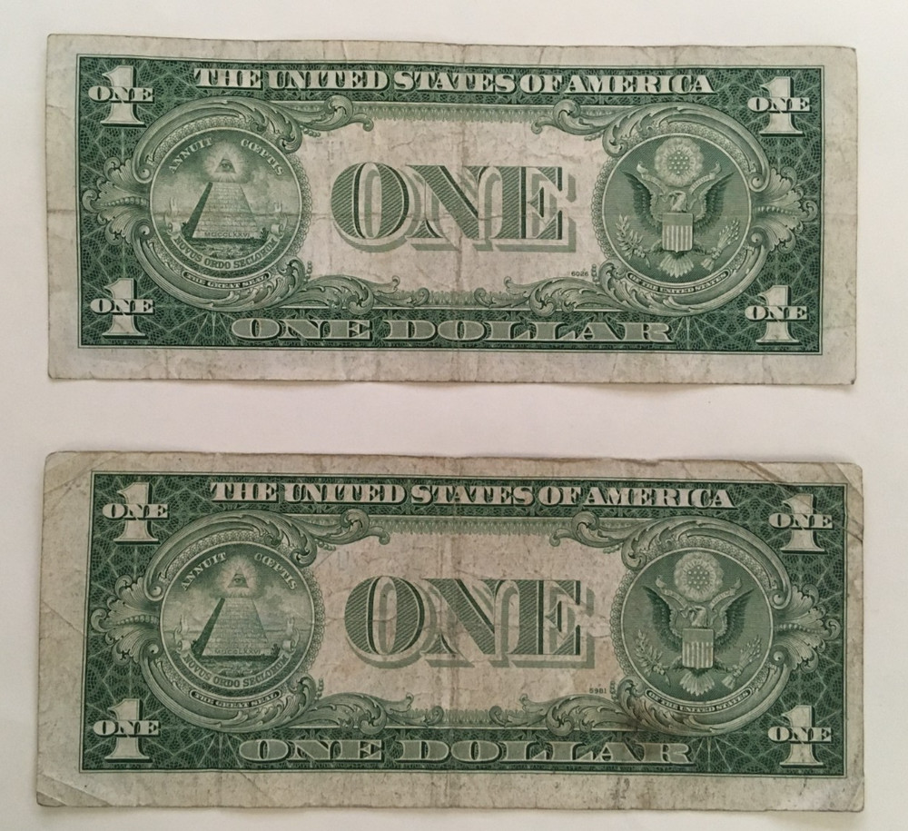 2 1935E Silver Certificate notes $1 Blue Seal # shift down misaligned error