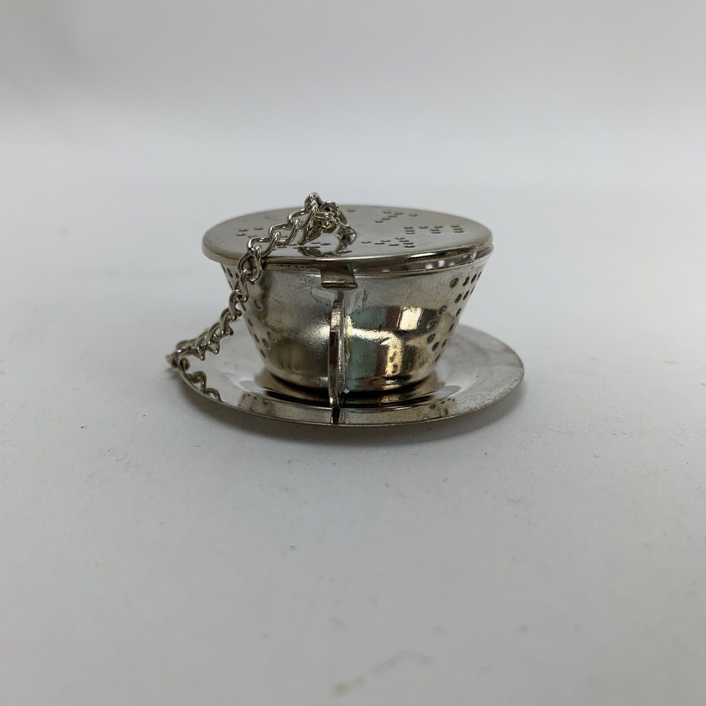 1995 Barnes & Noble Cafe Silver Plated Small Tea Cup Infuser with Dish Set