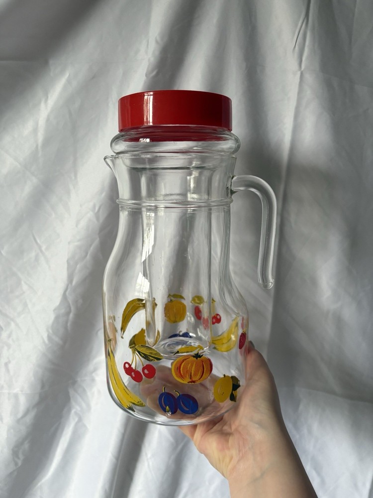 Large Vintage Glass Pitcher with Removable Ice Column | Fruit Pattern