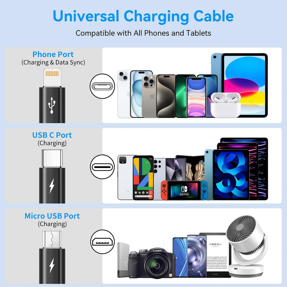 MINLU Multi Charging Cable 3A, 2Pack 4ft Retractable 4 feet, Black