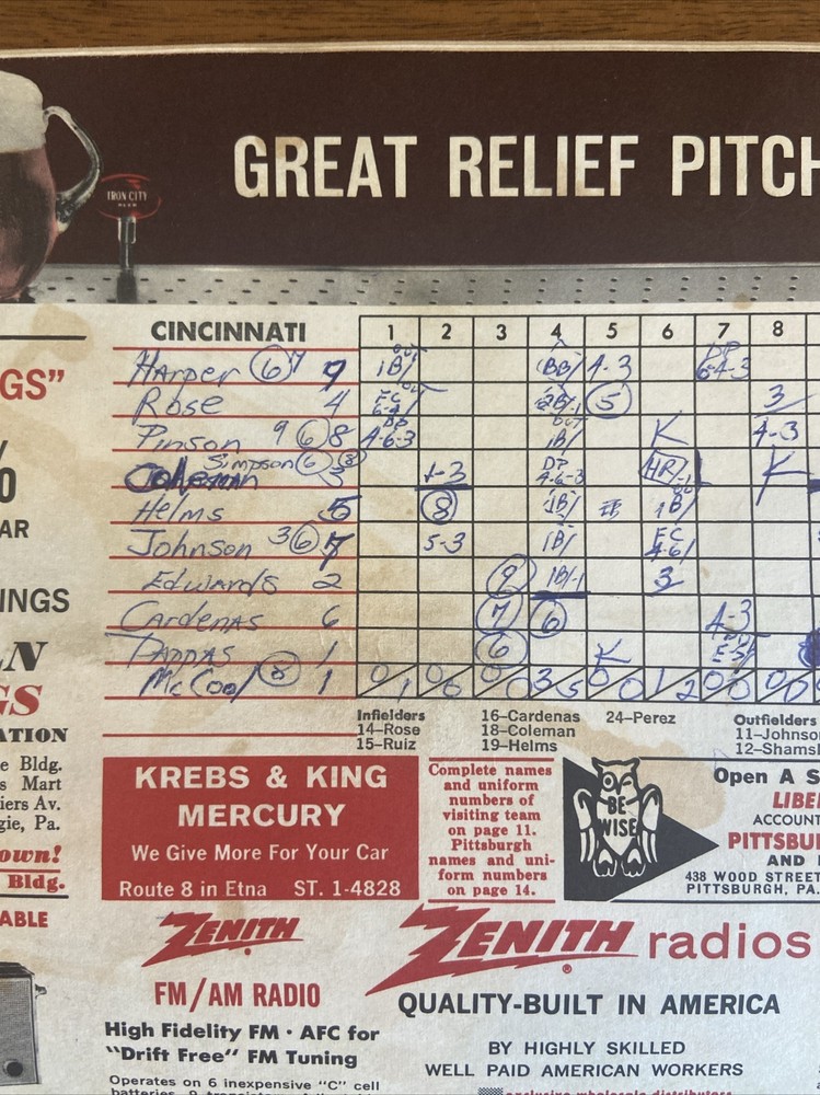 Pittsburgh Pirates vs Cincinnati MLB Program / Scorecard 1966 Scored Clemente