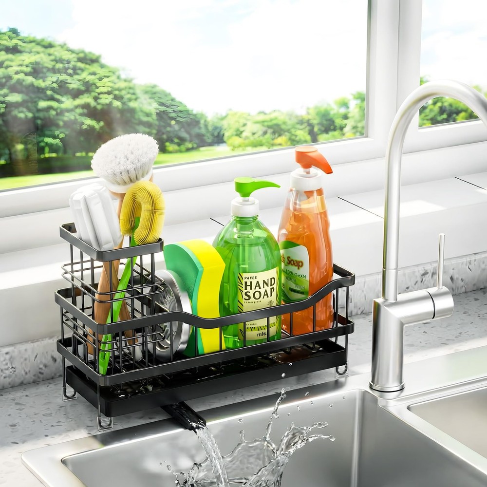 Sponge Holder for Kitchen Sink, Self-Draining Sink Caddy Organizer with Remov...