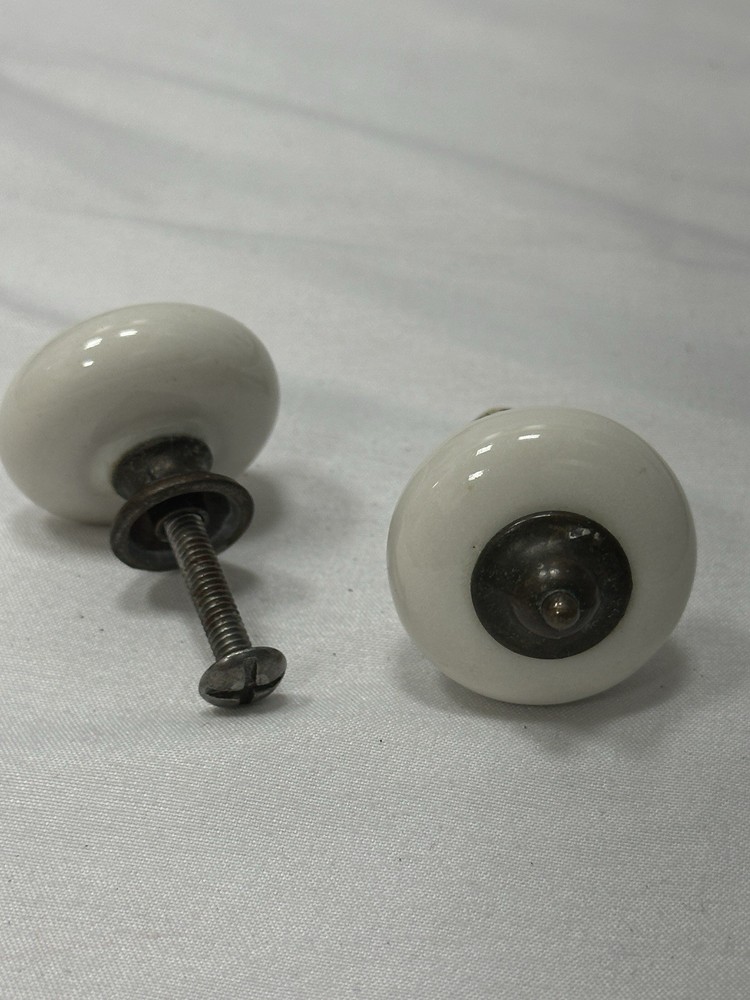 Vintage White Ceramic Drawer Pulls (Set of 2) Antique Brass Hardware Knobs