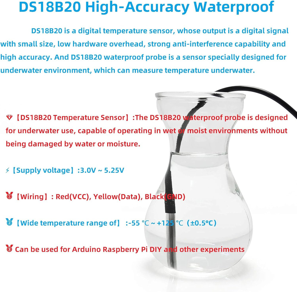 5 Pcs DS18B20 Temperature Sensor Probe High-Accuracy Waterproof Equippe