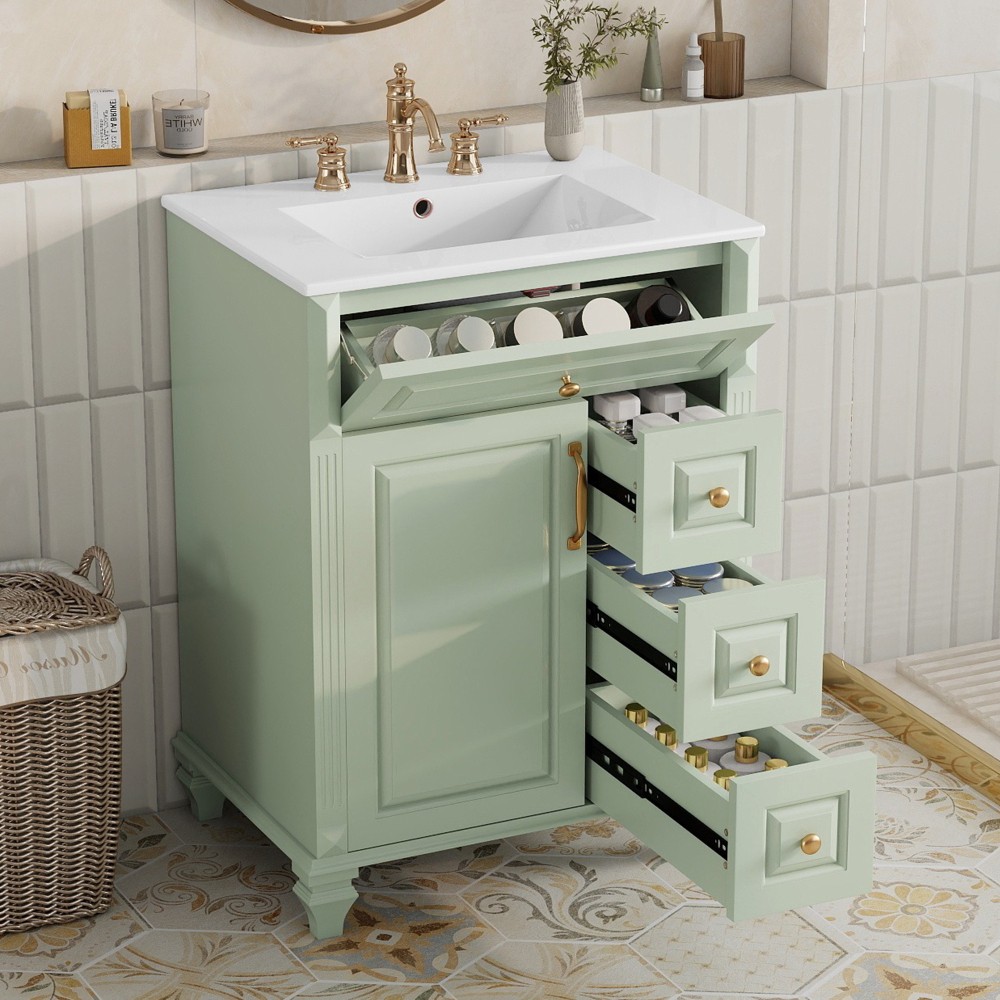 24" Freestanding Vanity with Ceramic Sink & 3 Drawers, Solid Wood & MDF, Green