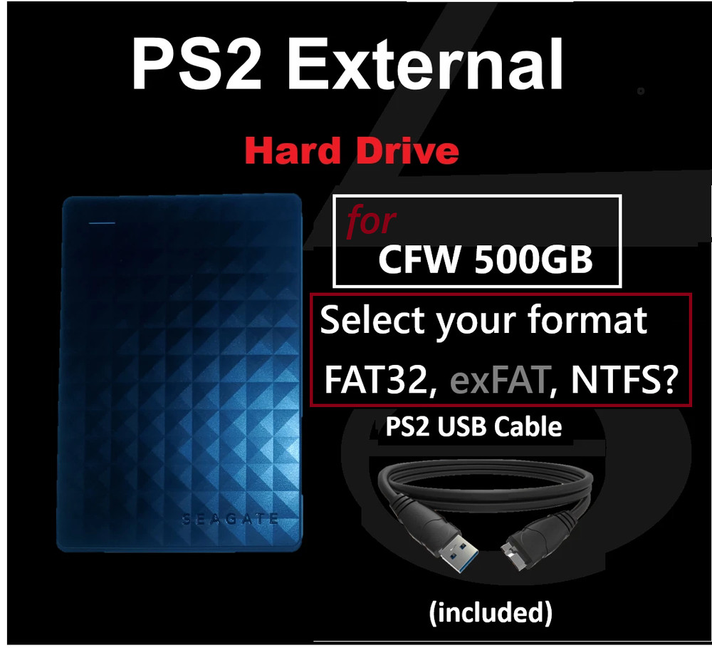 PS2 External Hard Drive 500GB Select Your Format NTFS exFat or FAT32?